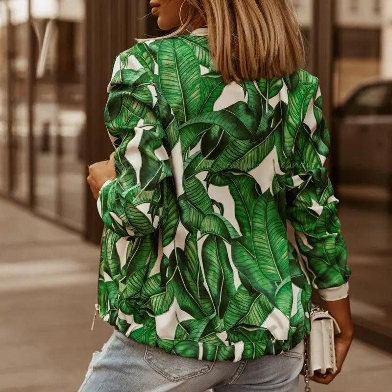 Stunning Flower Print Long Sleeve Women's Bomber Jacket Fashionable Zipper Up Vintage Coat Tops Elegant Slim Basic Ladies Jackets Outwear Stevvex