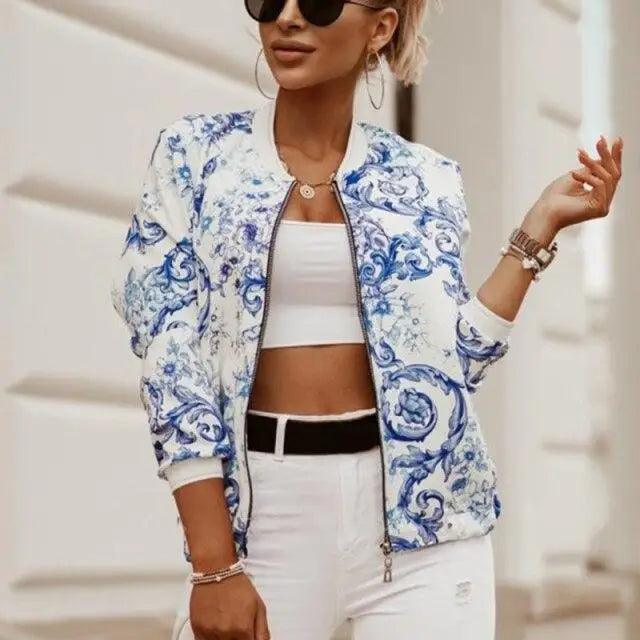 Stunning Flower Print Long Sleeve Women's Bomber Jacket Fashionable Zipper Up Vintage Coat Tops Elegant Slim Basic Ladies Jackets Outwear Stevvex