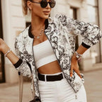 Stunning Flower Print Long Sleeve Women's Bomber Jacket Fashionable Zipper Up Vintage Coat Tops Elegant Slim Basic Ladies Jackets Outwear Stevvex