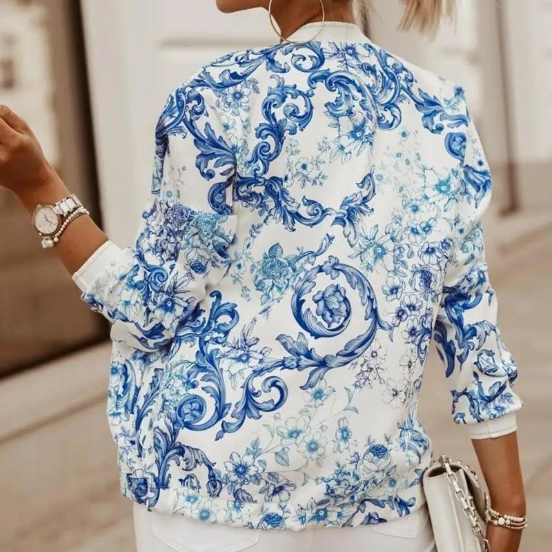 Stunning Flower Print Long Sleeve Women's Bomber Jacket Fashionable Zipper Up Vintage Coat Tops Elegant Slim Basic Ladies Jackets Outwear Stevvex