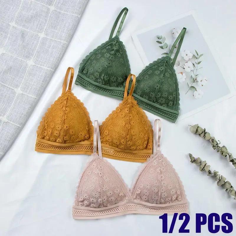 Stunning Hot Look Women's Lace Bra No Steel Ring Beauty Back comfor Wrapped Chest Comfortable Daisy Brassiere Stretch Triangle Cup Padded Underwear 1/2Pcs Stevvex