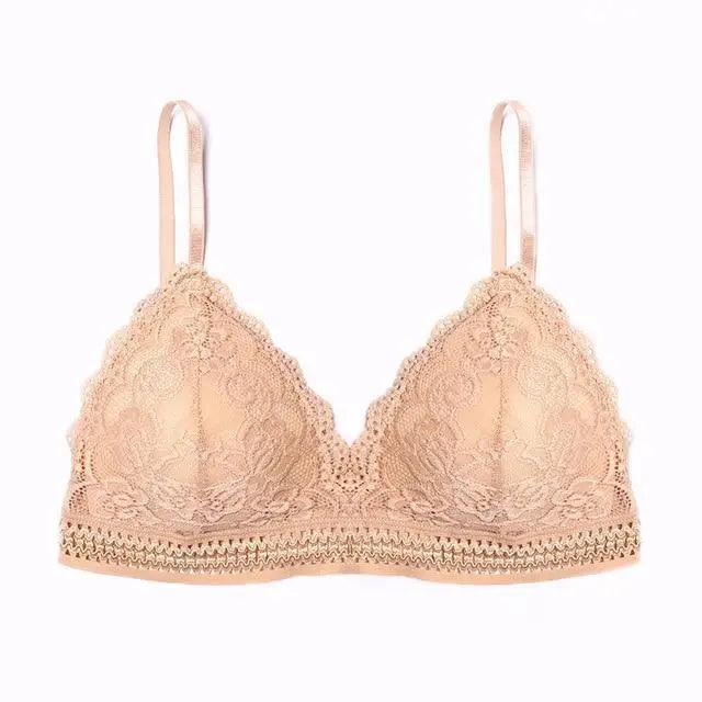 Stunning Women's French Style Lace Bra Girls Triangle Cup Lingerie With Deep V Wireless Underwear Soft Thin Seamless Bra Stevvex