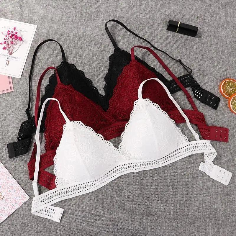 Stunning Women's French Style Lace Bra Girls Triangle Cup Lingerie With Deep V Wireless Underwear Soft Thin Seamless Bra Stevvex
