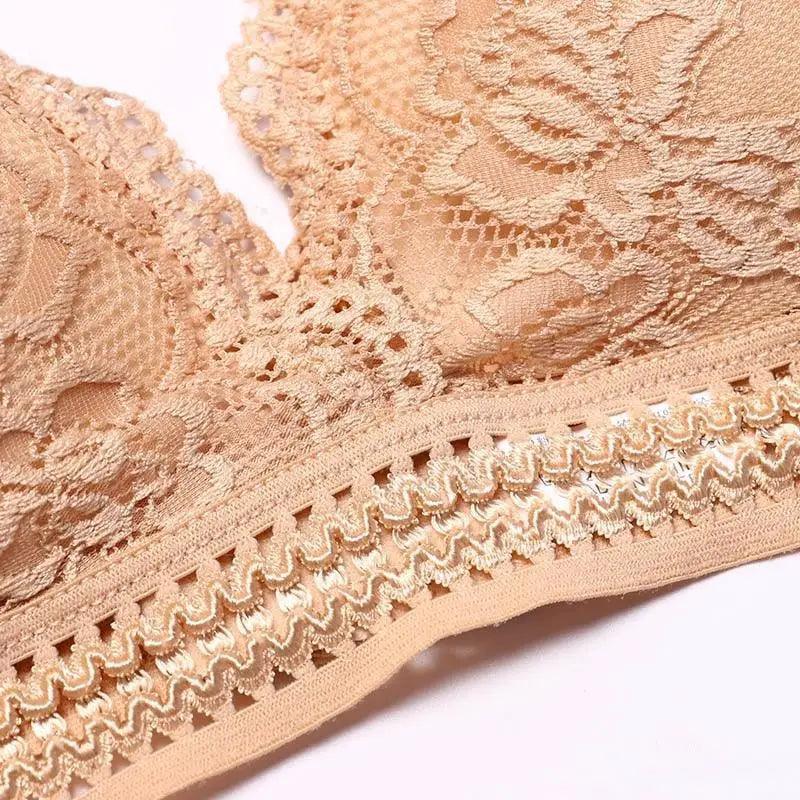 Stunning Women's French Style Lace Bra Girls Triangle Cup Lingerie With Deep V Wireless Underwear Soft Thin Seamless Bra Stevvex
