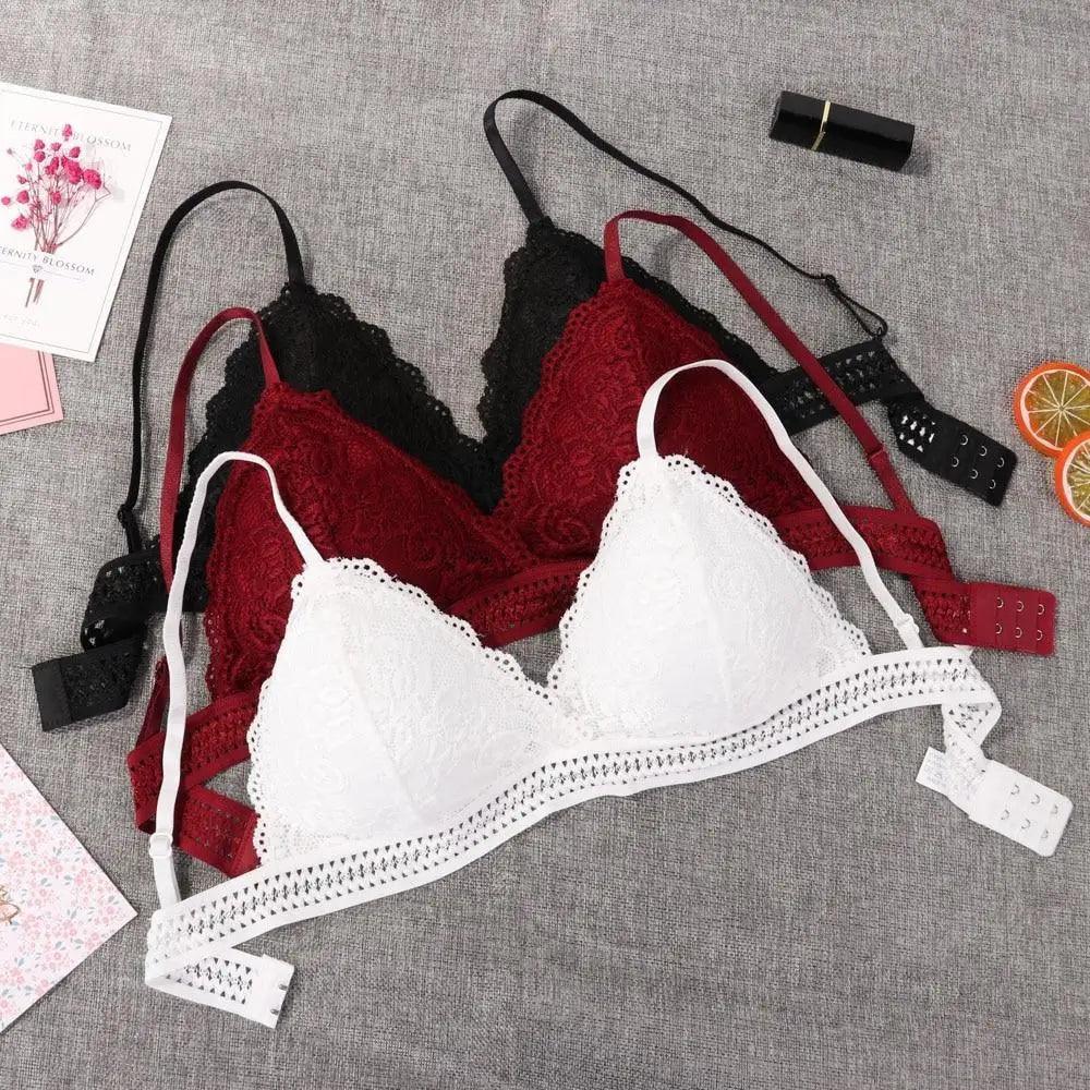 Stunning Women's French Style Lace Bra Girls Triangle Cup Lingerie With Deep V Wireless Underwear Soft Thin Seamless Bra Stevvex