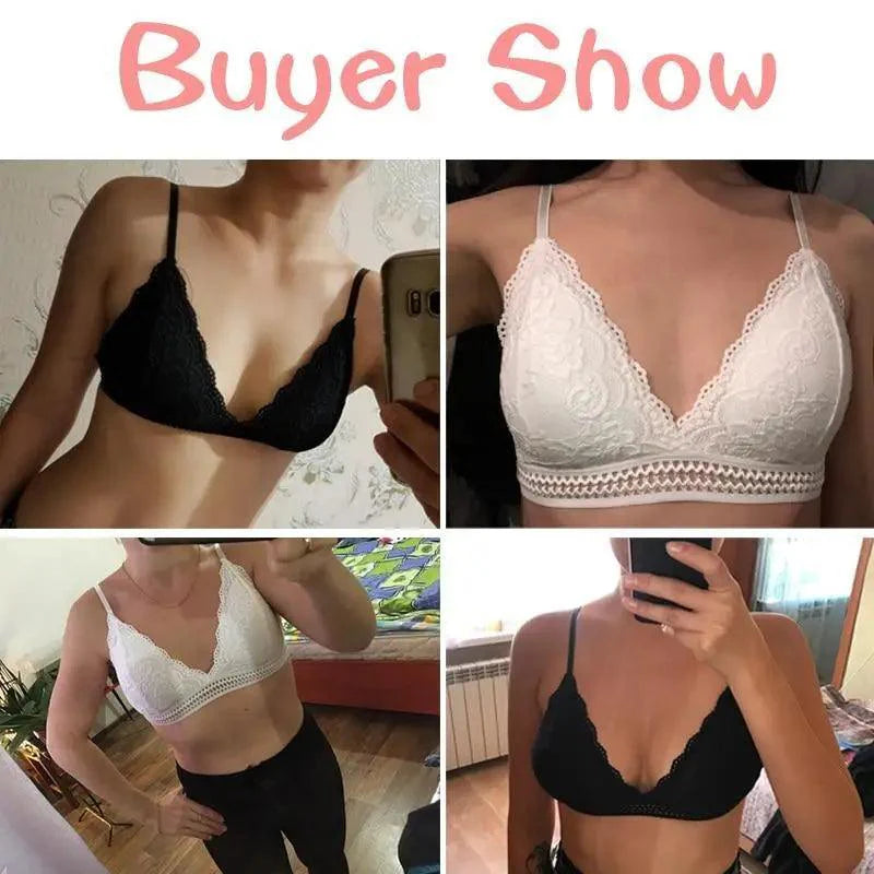 Stunning Women's French Style Lace Bra Girls Triangle Cup Lingerie With Deep V Wireless Underwear Soft Thin Seamless Bra Stevvex