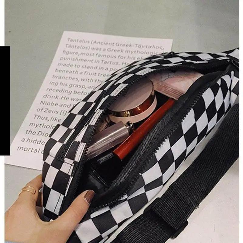Stylish And Fashionable Fanny Bag For Women Rave Festival Bum Travel Waist Pack Black And White Checkered Stevvex