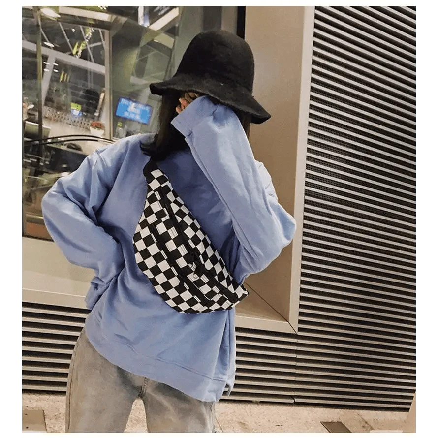 Stylish And Fashionable Fanny Bag For Women Rave Festival Bum Travel Waist Pack Black And White Checkered Stevvex