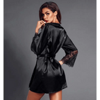 Stylish Black Satin Silk Short Bathrobes For Women Classic Lace On Sleeves Sleepwear Vintage Women's Sleewear Stevvex