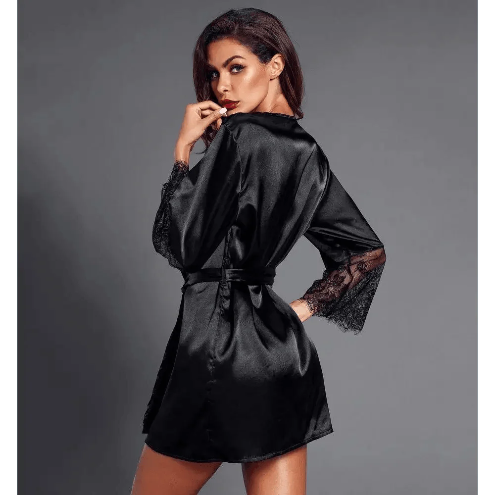 Stylish Black Satin Silk Short Bathrobes For Women Classic Lace On Sleeves Sleepwear Vintage Women's Sleewear Stevvex