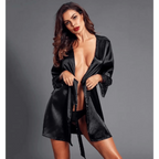 Stylish Black Satin Silk Short Bathrobes For Women Classic Lace On Sleeves Sleepwear Vintage Women's Sleewear Stevvex