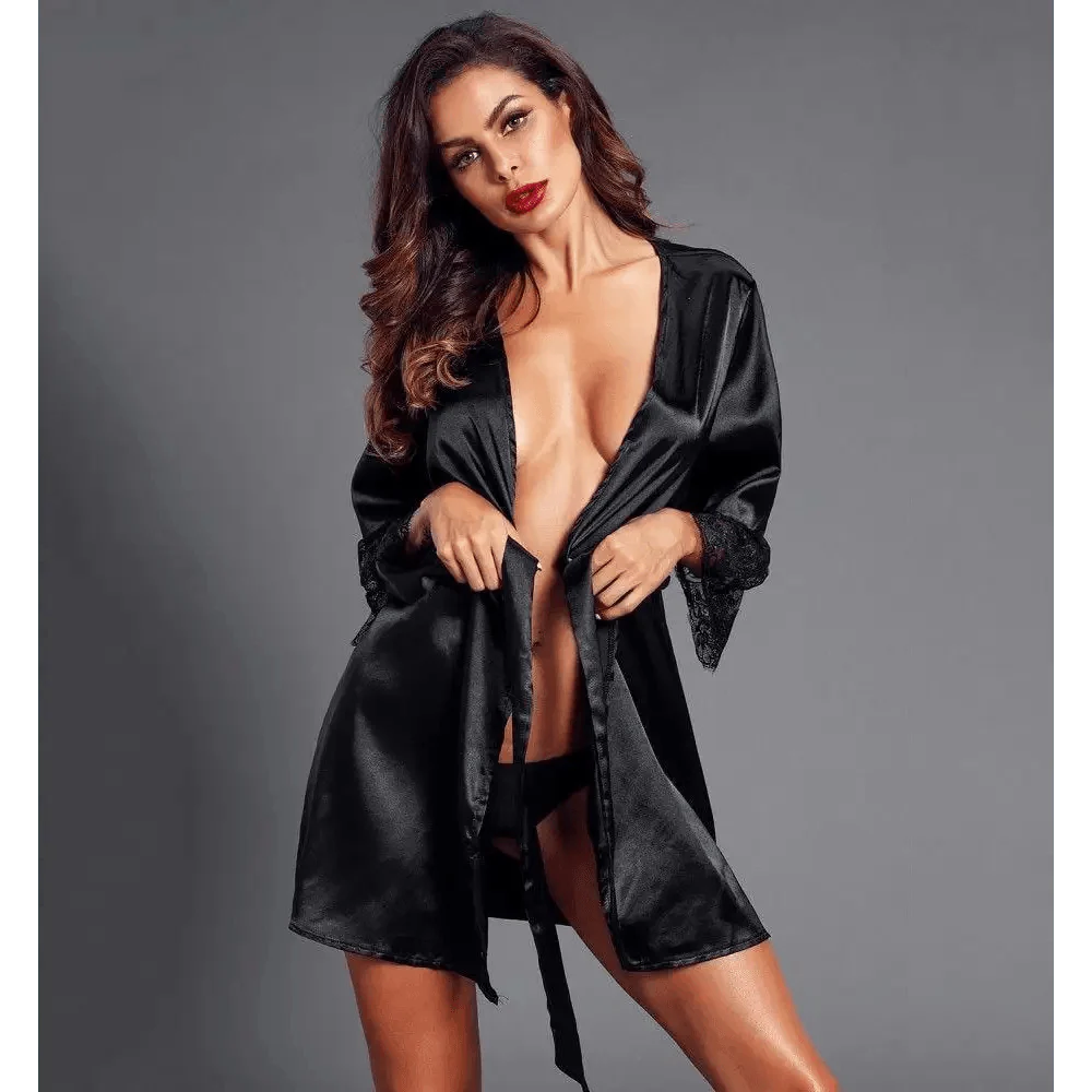 Stylish Black Satin Silk Short Bathrobes For Women Classic Lace On Sleeves Sleepwear Vintage Women's Sleewear Stevvex