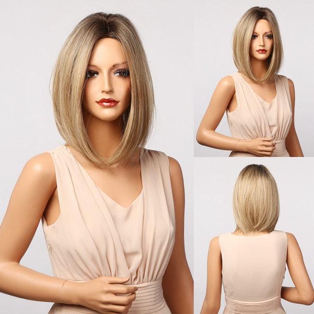 Stylish Light White Blonde Ombre Short Bob Wigs for Women Synthetic Straight Hair Wig Natural Cosplay Party Middle Part Wigs Wigs For Black Women Gifts for Bestfriends Stevvex