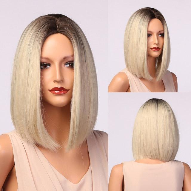 Stylish Light White Blonde Ombre Short Bob Wigs for Women Synthetic Straight Hair Wig Natural Cosplay Party Middle Part Wigs Wigs For Black Women Gifts for Bestfriends Stevvex
