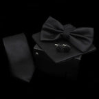 Stylish Solid Color Polyester Tie Bowtie Handkerchief Cufflinks Set For Men Butterfly Wedding Party Necktie Men's Fashion Bowtie Stevvex