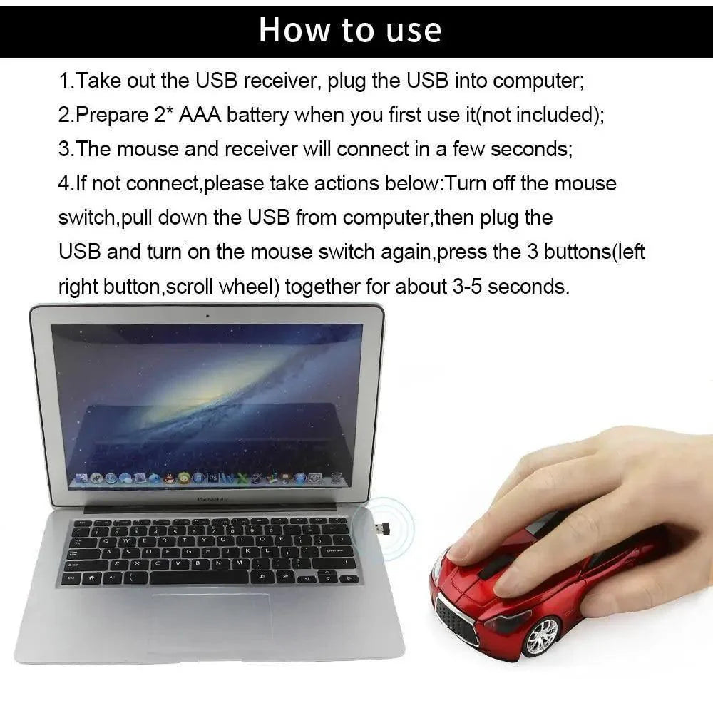 Stylish Wireless Computer Car Shape Mouse Mini 3D Ergonomic PC Gamer Mouse Retro Optical Mice 1600 DPI USB Receiver Suitable for PC/Computer/Laptop Stevvex
