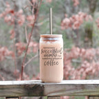 17oz Glass Tumbler Bamboo Lid Stainless Straws - Coffee Quote For Women BandsCo Straps
