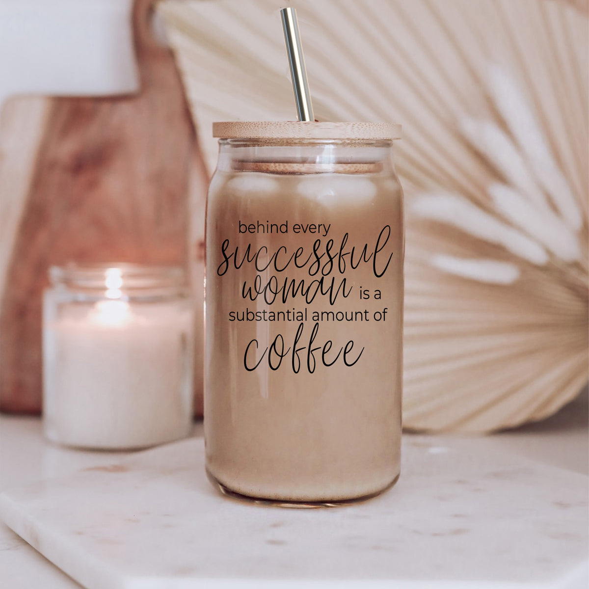 17oz Glass Tumbler Bamboo Lid Stainless Straws - Coffee Quote For Women BandsCo Straps