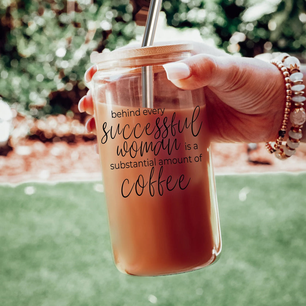 17oz Glass Tumbler Bamboo Lid Stainless Straws - Coffee Quote For Women BandsCo Straps
