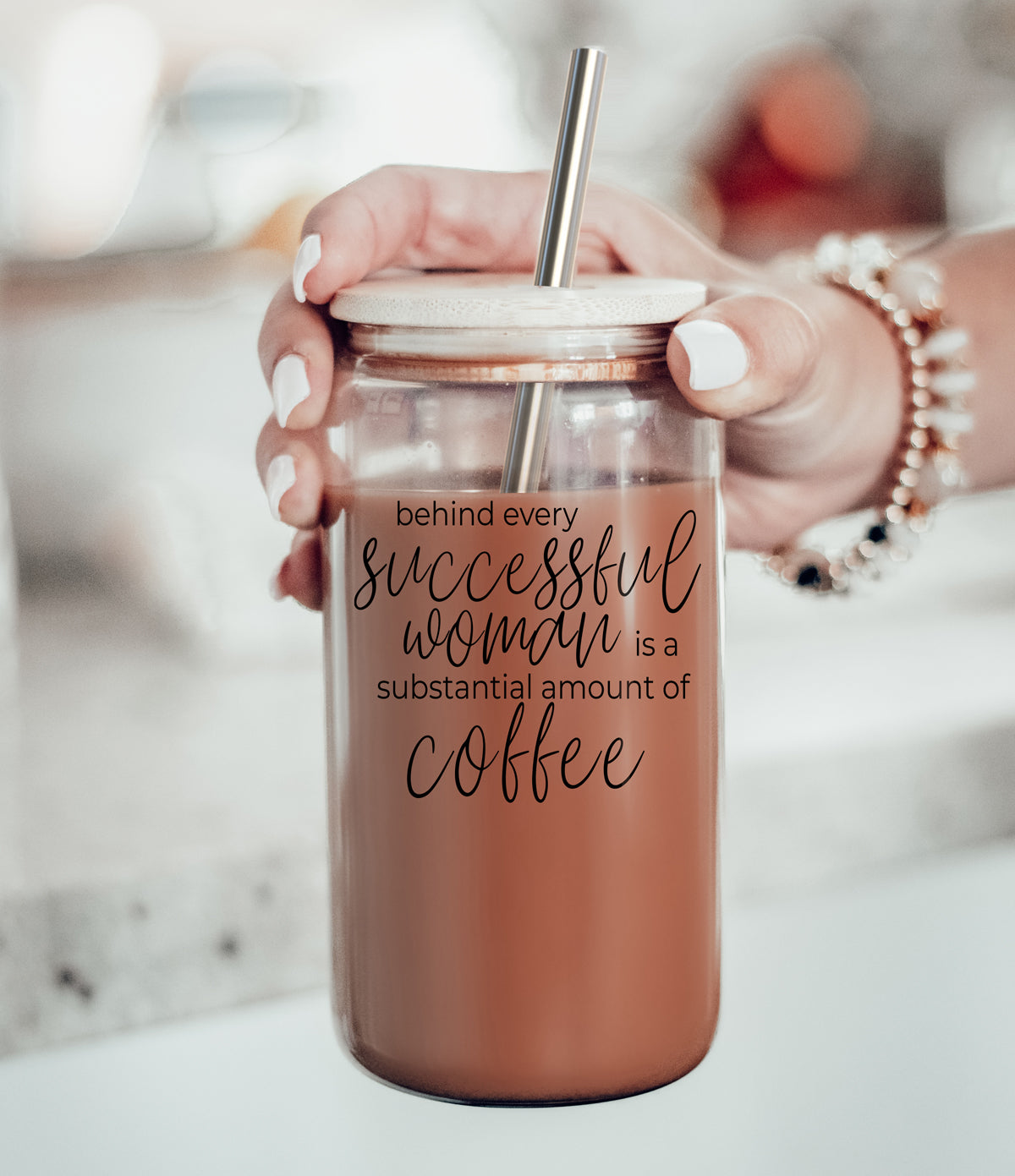 17oz Glass Tumbler Bamboo Lid Stainless Straws - Coffee Quote For Women BandsCo Straps