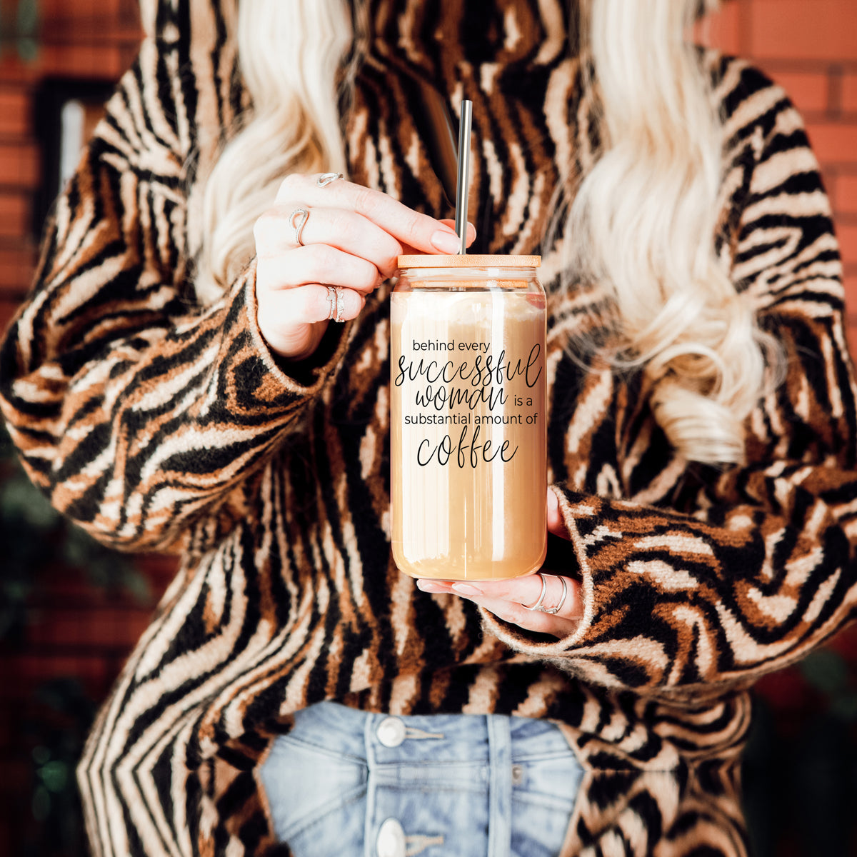 17oz Glass Tumbler Bamboo Lid Stainless Straws - Coffee Quote For Women BandsCo Straps