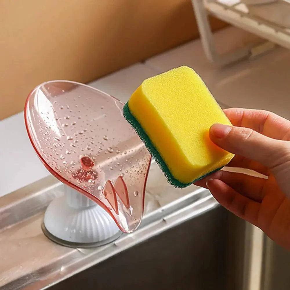 Suction Cup Soap Dish Holder Leaf-Shape Self-Draining Soap Saver Box Not Punched for Shower Bathroom Kitchen Soap Dishes Sponge Container with Suction Cup Leaf Shape Self Draining for Bathroom Kitchen Sink Stevvex