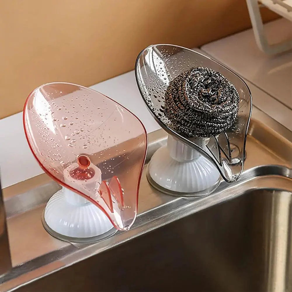 Suction Cup Soap Dish Holder Leaf-Shape Self-Draining Soap Saver Box Not Punched for Shower Bathroom Kitchen Soap Dishes Sponge Container with Suction Cup Leaf Shape Self Draining for Bathroom Kitchen Sink Stevvex