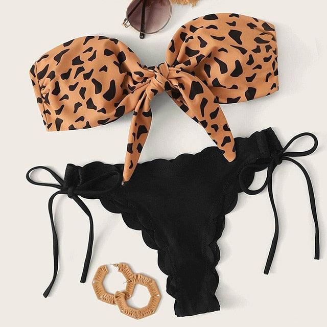 Summer Blue Bikini Women Swimwear Female Swimsuit  Women’s Floral Print Lace-up Strapless Padded Comfortable Swimwear Bathing Suit Two-pieces Bikini Set Knotted Bathing Swim Suit Stevvex