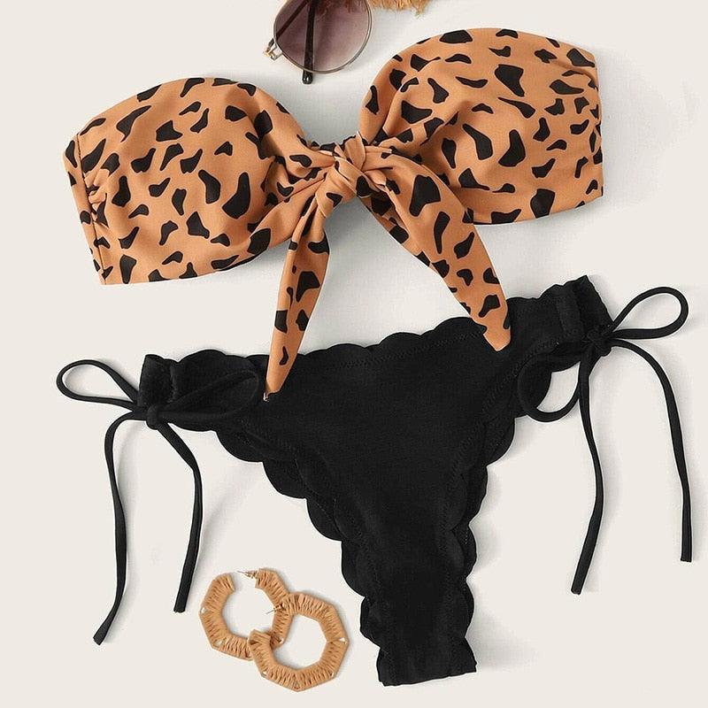 Summer Blue Bikini Women Swimwear Female Swimsuit  Women’s Floral Print Lace-up Strapless Padded Comfortable Swimwear Bathing Suit Two-pieces Bikini Set Knotted Bathing Swim Suit Stevvex