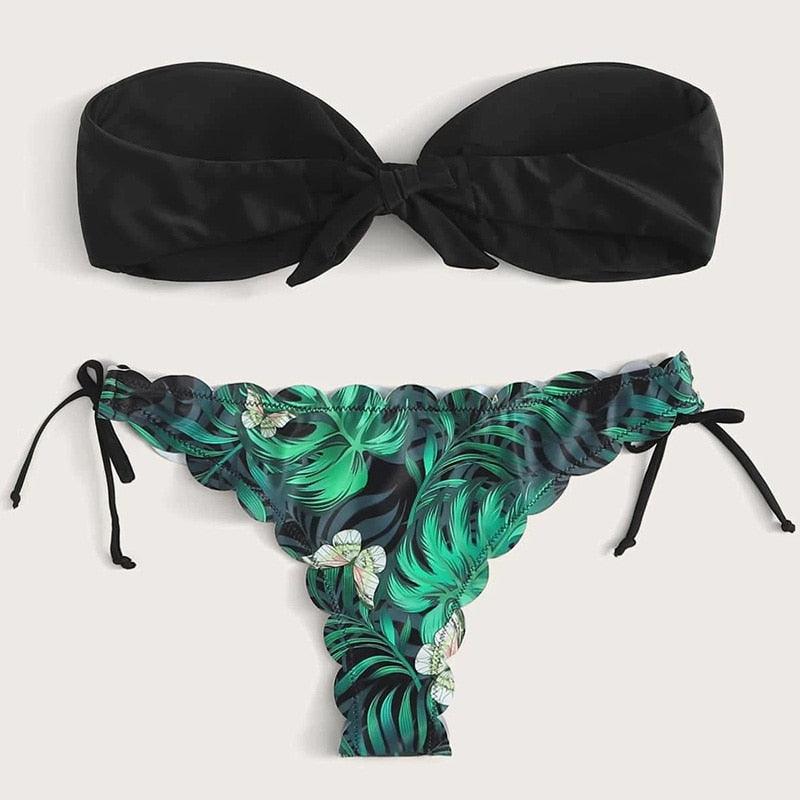 Summer Blue Bikini Women Swimwear Female Swimsuit  Women’s Floral Print Lace-up Strapless Padded Comfortable Swimwear Bathing Suit Two-pieces Bikini Set Knotted Bathing Swim Suit Stevvex