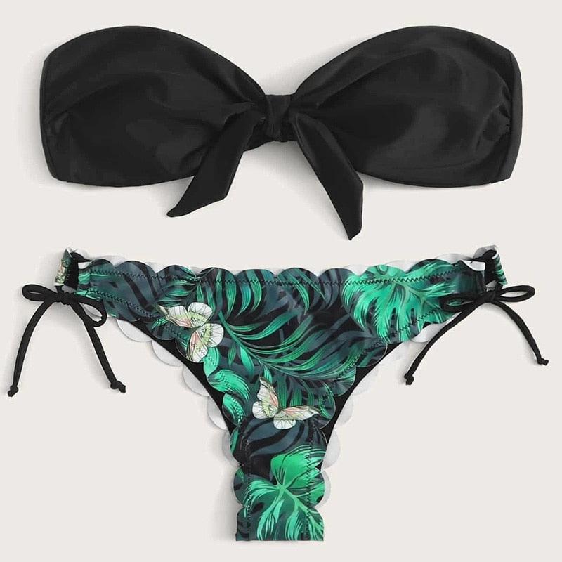 Summer Blue Bikini Women Swimwear Female Swimsuit  Women’s Floral Print Lace-up Strapless Padded Comfortable Swimwear Bathing Suit Two-pieces Bikini Set Knotted Bathing Swim Suit Stevvex