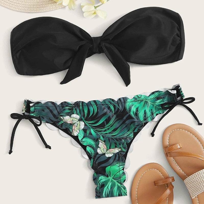 Summer Blue Bikini Women Swimwear Female Swimsuit  Women’s Floral Print Lace-up Strapless Padded Comfortable Swimwear Bathing Suit Two-pieces Bikini Set Knotted Bathing Swim Suit Stevvex