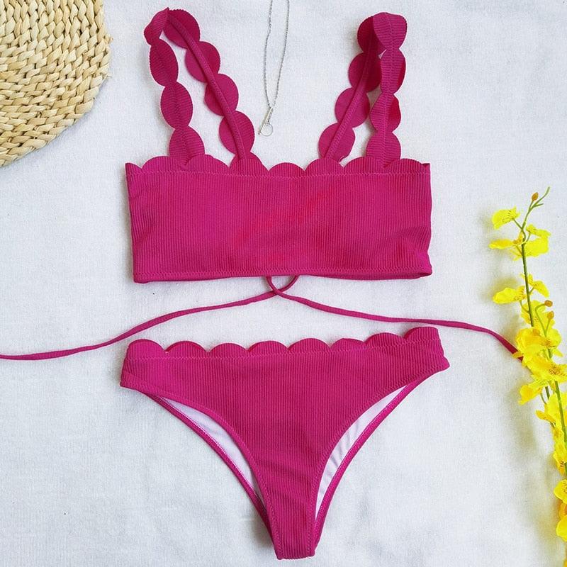 Summer Blue Bikini Women Swimwear Female Swimsuit  Women’s Floral Print Lace-up Strapless Padded Comfortable Swimwear Bathing Suit Two-pieces Bikini Set Knotted Bathing Swim Suit Stevvex