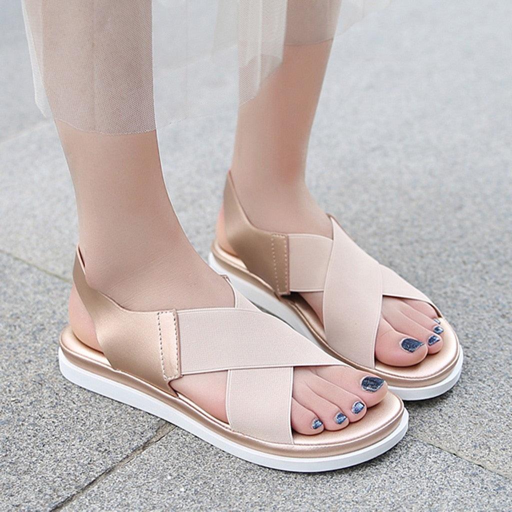 Summer Comfy Slip On Women Sandals Elastic Textile Sandals Casual Beach Shoes For Woman Classics Non-slip Lightweight Flat Sandals Fashion Sandals Ankle Strap Flat Sandals Stevvex