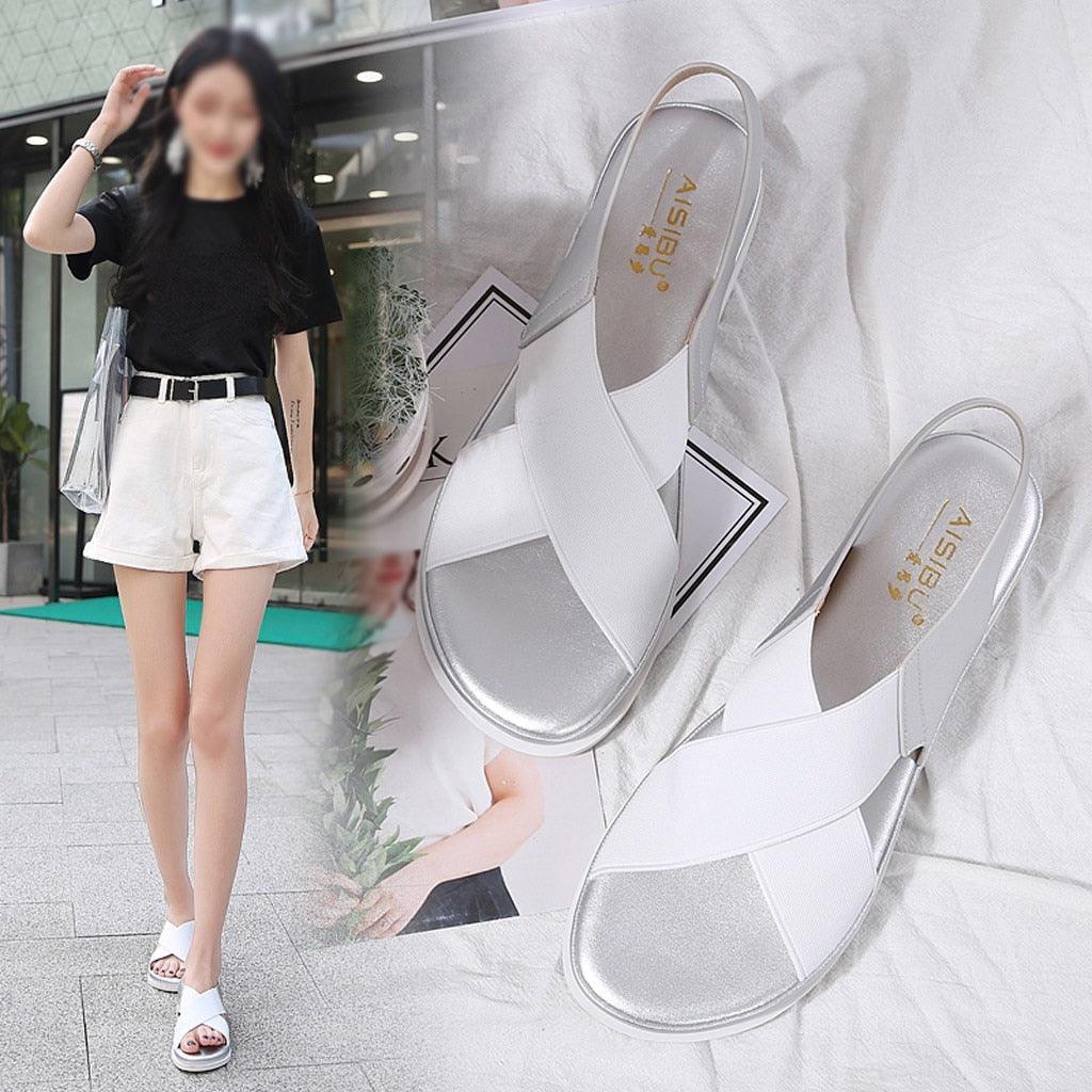 Summer Comfy Slip On Women Sandals Elastic Textile Sandals Casual Beach Shoes For Woman Classics Non-slip Lightweight Flat Sandals Fashion Sandals Ankle Strap Flat Sandals Stevvex