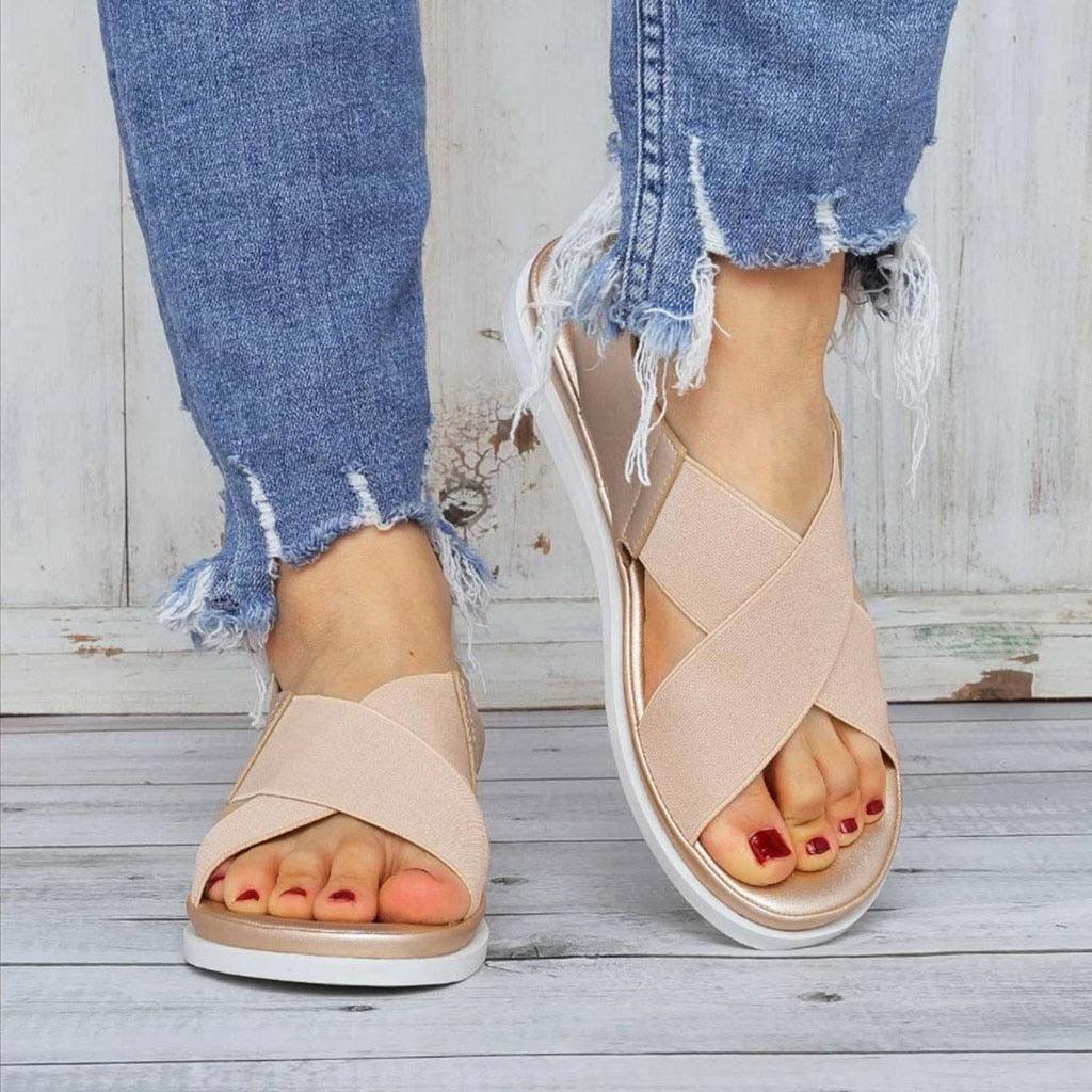 Summer Comfy Slip On Women Sandals Elastic Textile Sandals Casual Beach Shoes For Woman Classics Non-slip Lightweight Flat Sandals Fashion Sandals Ankle Strap Flat Sandals Stevvex