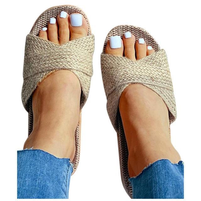 Summer Cross Strap Ladies Flip Flops Women's Summer Footwear Casual Linen Flat Beach Slippers Breathable Linen Men's Sandals Casual Flat Shoes Indoor Slides Unisex Home Slipper Stevvex
