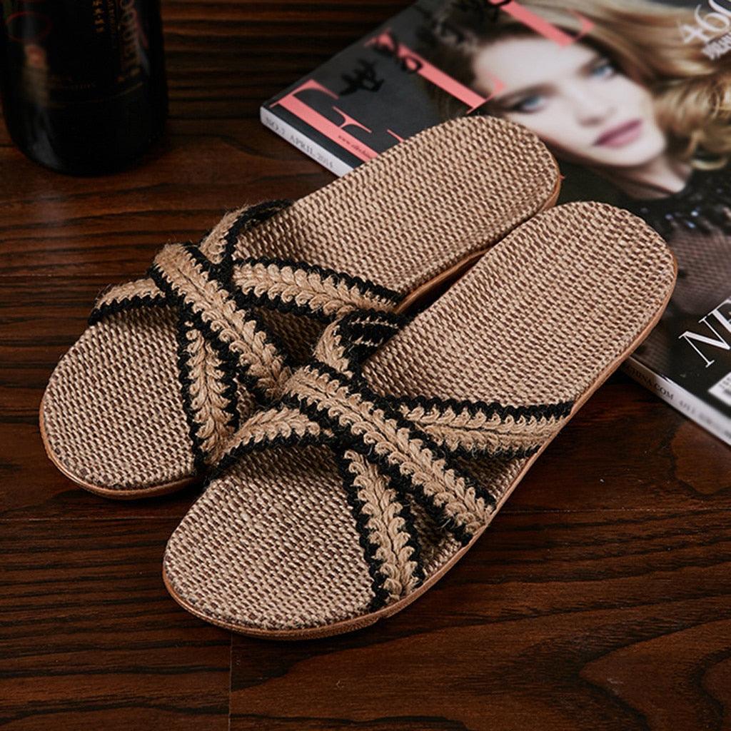 Summer Cross Strap Ladies Flip Flops Women's Summer Footwear Casual Linen Flat Beach Slippers Breathable Linen Men's Sandals Casual Flat Shoes Indoor Slides Unisex Home Slipper Stevvex