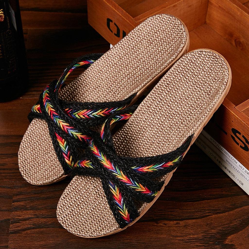 Summer Cross Strap Ladies Flip Flops Women's Summer Footwear Casual Linen Flat Beach Slippers Breathable Linen Men's Sandals Casual Flat Shoes Indoor Slides Unisex Home Slipper Stevvex