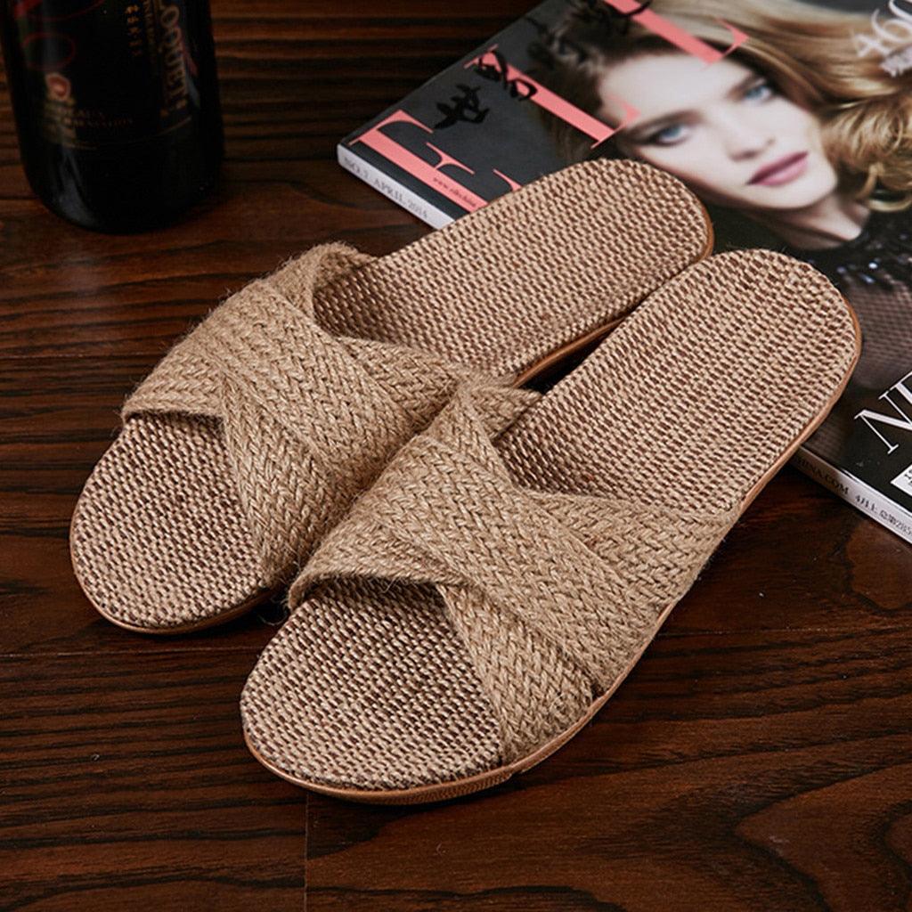 Summer Cross Strap Ladies Flip Flops Women's Summer Footwear Casual Linen Flat Beach Slippers Breathable Linen Men's Sandals Casual Flat Shoes Indoor Slides Unisex Home Slipper Stevvex