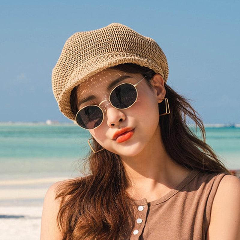 Summer Fashion Cap Straw Women Cap Adjustable Beret Mesh Breathable Berets Women Autumn Winter Hat Retro Pure Color Beanie Outdoor Beige Hat 56-58cm Stevvex