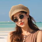 Summer Fashion Cap Straw Women Cap Adjustable Beret Mesh Breathable Berets Women Autumn Winter Hat Retro Pure Color Beanie Outdoor Beige Hat 56-58cm Stevvex