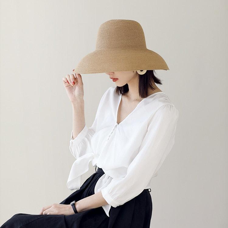 Summer Hat New Female Sun Hat Folding Beach Hat New Women's Ladies Wide Large Brim Floppy Folding Summer Beach Sun Hat Straw Cap Big Brim Elegant White Travel Sun Hat 55-58CM Stevvex