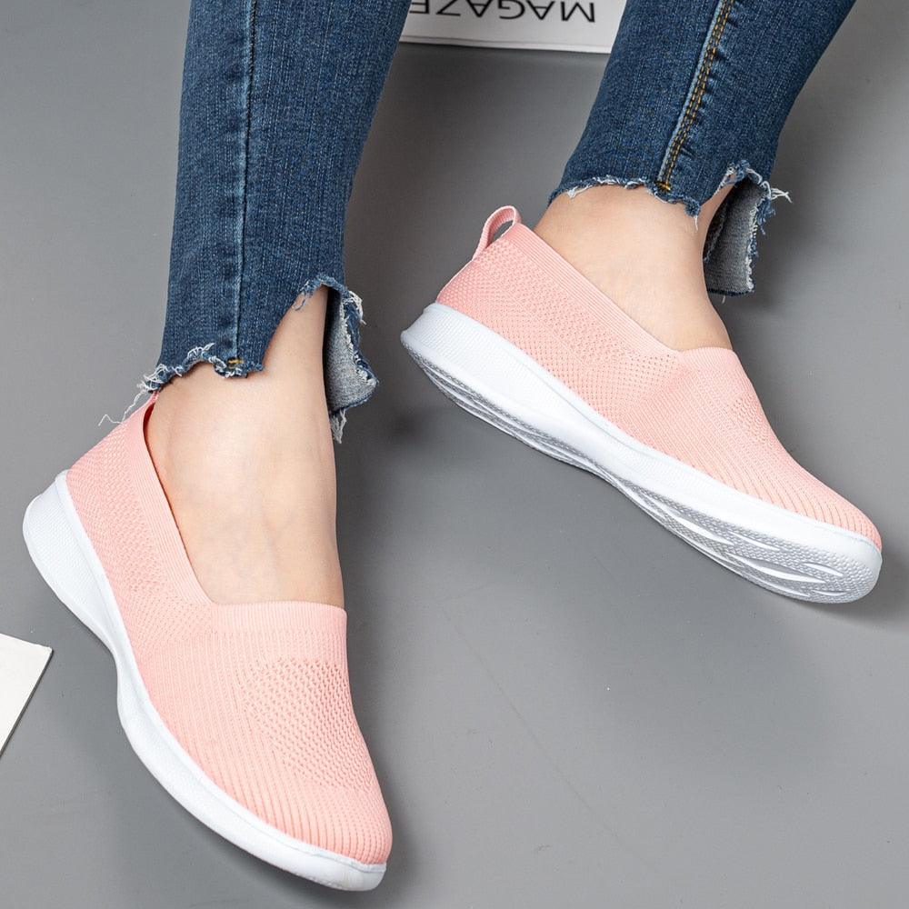 Summer Knitting Sock Women's Sneakers Slip On Shoes Lightweight Flat Women's Sports Breathable Mesh Platform Fashion Casual Slip On Easy Walking Espadrilles Stevvex