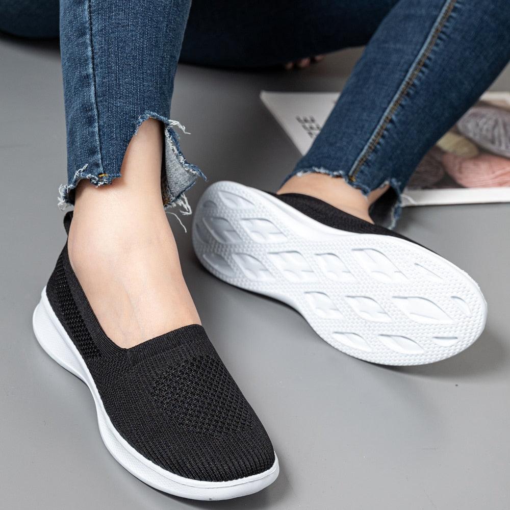 Summer Knitting Sock Women's Sneakers Slip On Shoes Lightweight Flat Women's Sports Breathable Mesh Platform Fashion Casual Slip On Easy Walking Espadrilles Stevvex