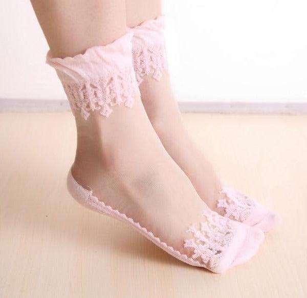 Summer Ladies Lace Embroidery Silk Transparent Glass Crystal Stretch Women Socks Breathable See Through Socks Ankle Socks For Women Stevvex