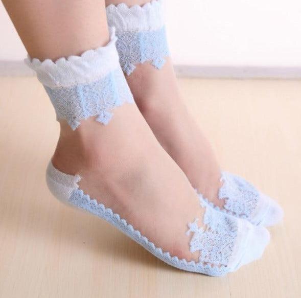Summer Ladies Lace Embroidery Silk Transparent Glass Crystal Stretch Women Socks Breathable See Through Socks Ankle Socks For Women Stevvex