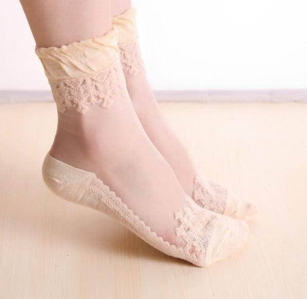 Summer Ladies Lace Embroidery Silk Transparent Glass Crystal Stretch Women Socks Breathable See Through Socks Ankle Socks For Women Stevvex