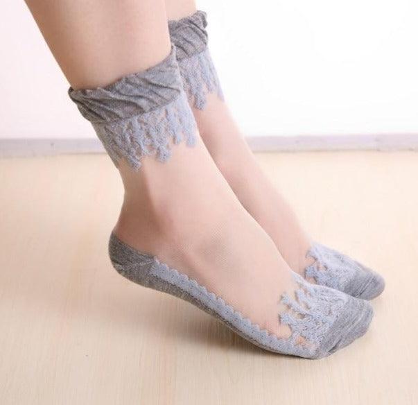 Summer Ladies Lace Embroidery Silk Transparent Glass Crystal Stretch Women Socks Breathable See Through Socks Ankle Socks For Women Stevvex