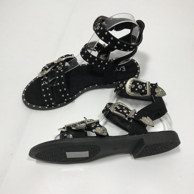 Summer Multiple Buckle Sandals  Ankle Wrap Women Sandals Open Toe Metal Back Strap Flat Heels Flat Sandals Open Toe Summer's Sandals For Women Cute Open Toes Ankle Strap Flexible Summer Flat Sandals Stevvex